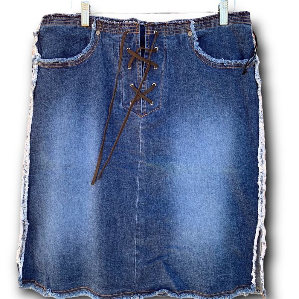 Women’s Size 18 Y2K Stretch Denim Leather Suede Lace up Skirt Casual Everyday